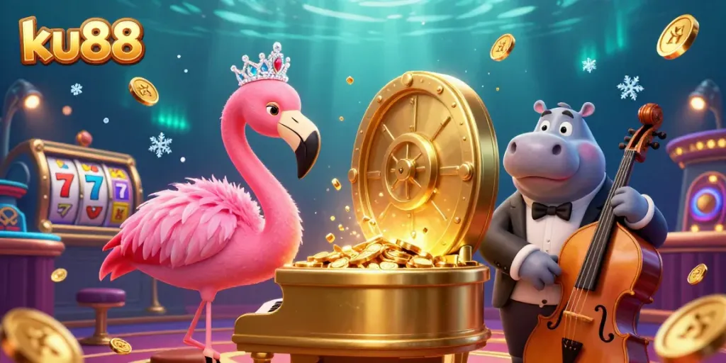 Experience the vibrant excitement of ku88 through a dynamic 3D casino illustration showcasing a flamingo singer and hippo bassist amidst a treasure-filled scene.