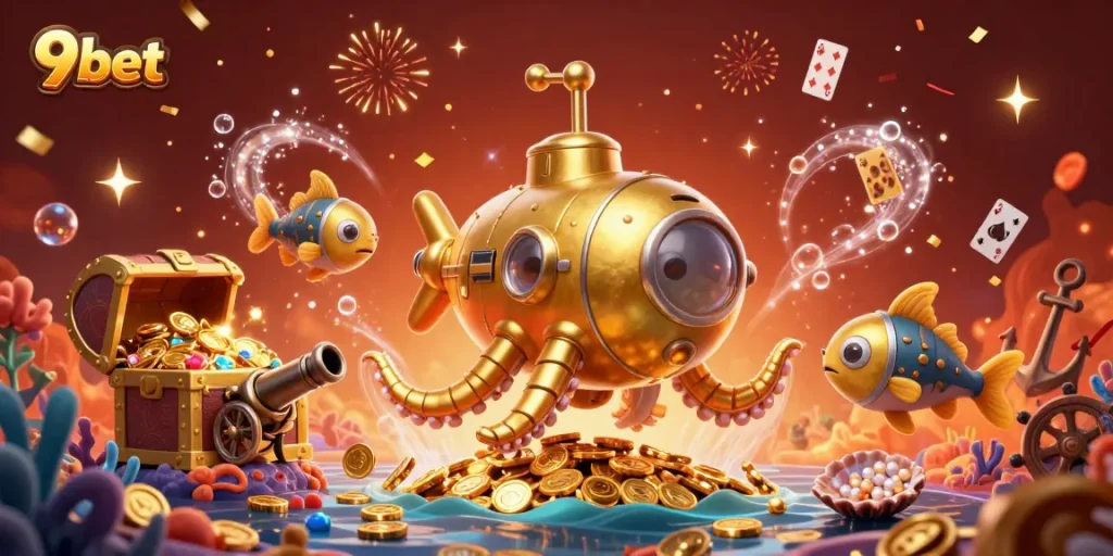 Join the adventure with 9bet in a vibrant casino-themed underwater world filled with treasures.
