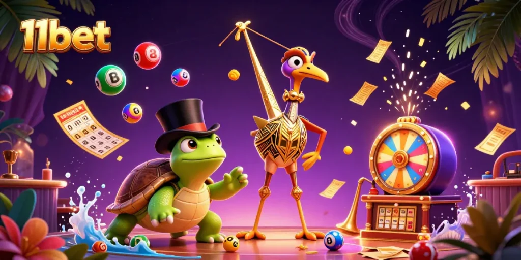 Engage with 11bet's vibrant gaming scene featuring colorful lottery balls, a speakeasy bar, and dynamic 3D characters.
