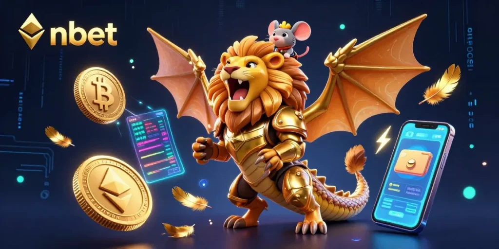 Engage with nbet's triumphant chimera atop cryptocurrency assets in a vibrant casino scene.