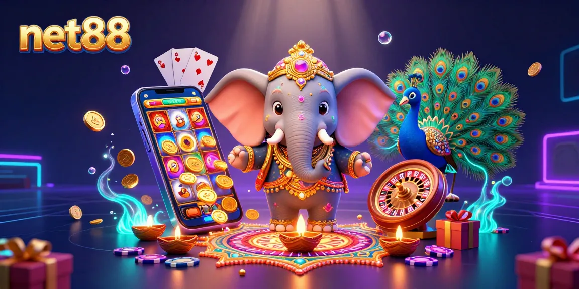 Experience the excitement at net88 with a vibrant scene showcasing an elephant, peacock, and casino elements.