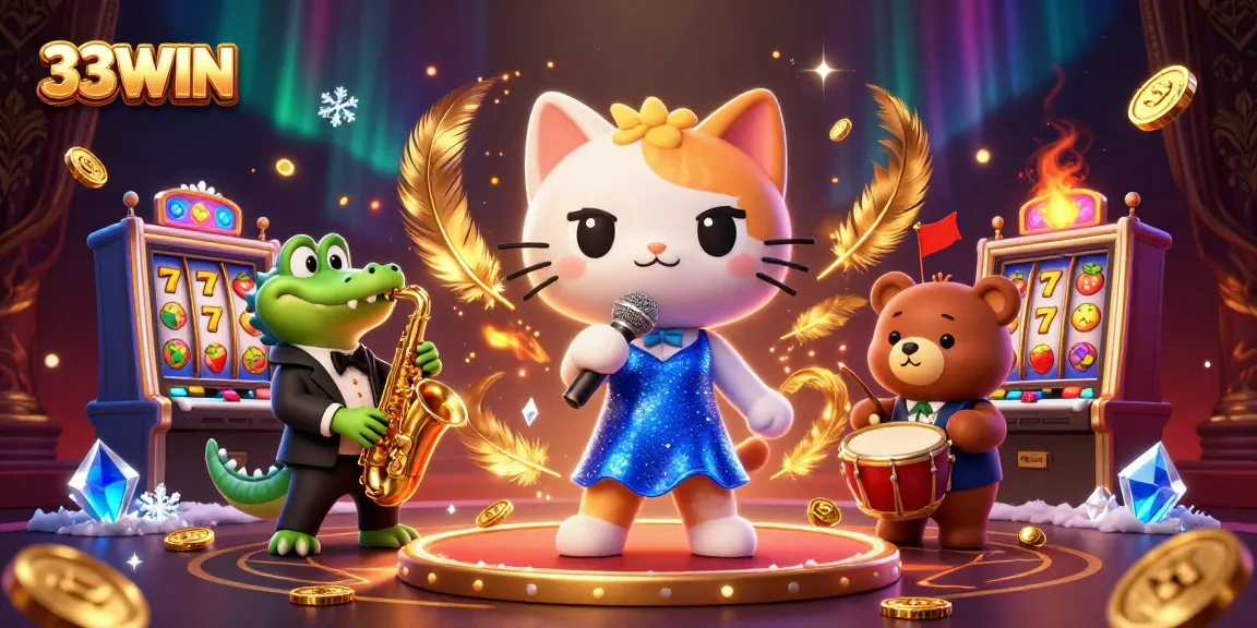 Experience the thrill of winning at 33WIN with a vibrant casino scene featuring casino characters and games.