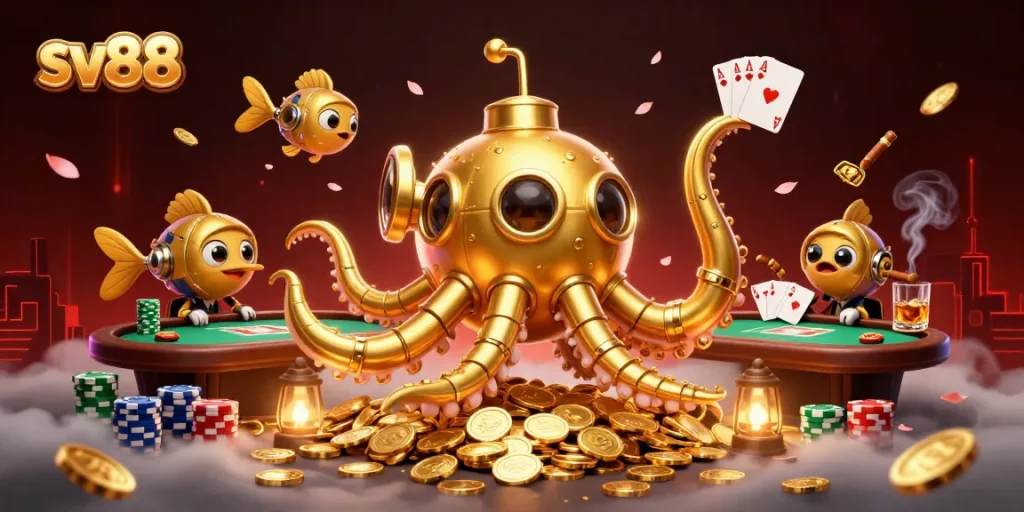 Experience thrilling poker gameplay at sv88 with a vibrant casino scene filled with golden coins.