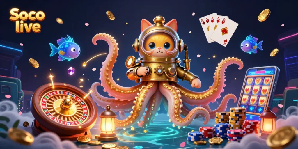 Experience exciting gameplay at Soco live with a kraken, diving cat, and dazzling casino elements.