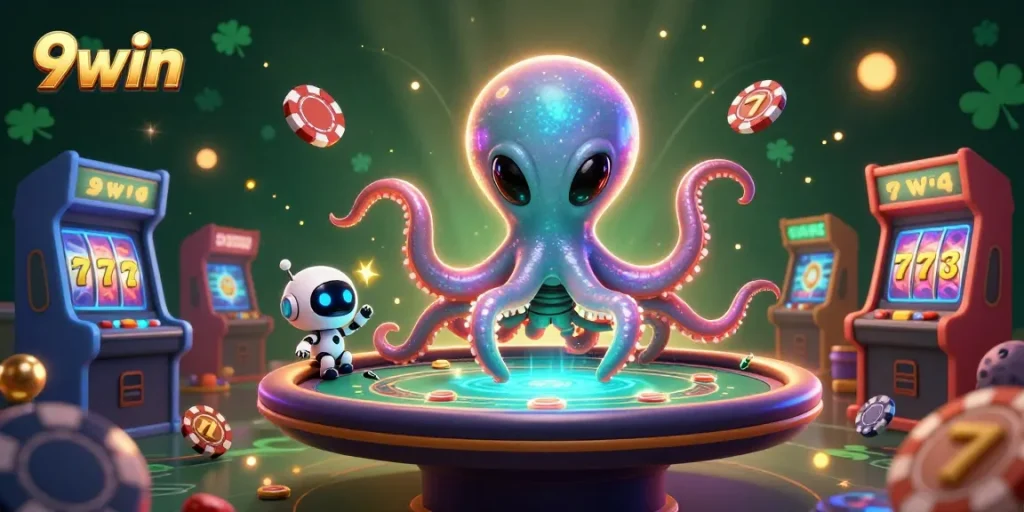 Experience thrilling 9win action with an alien octopus at a holographic poker table and slots!