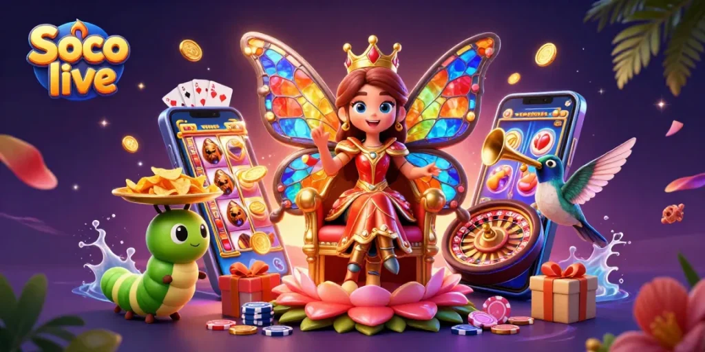 Soco live showcases an exhilarating scene with a butterfly queen, slot games, and colorful casino elements