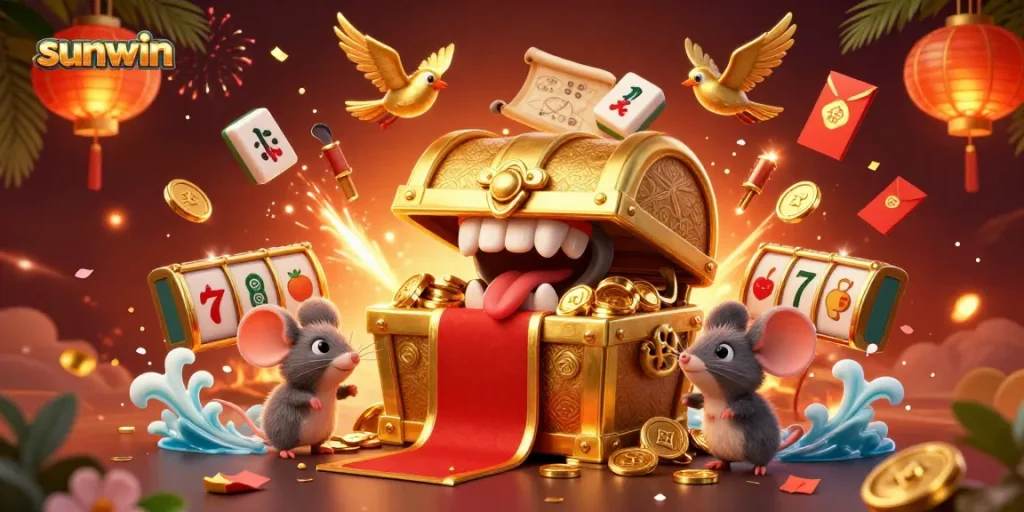 Engage with the sunwin casino experience through a vibrant 3D illustration filled with gaming elements.