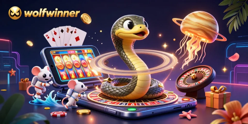 wolfwinner showcases an exciting 3D casino scene with vibrant characters and engaging game elements.