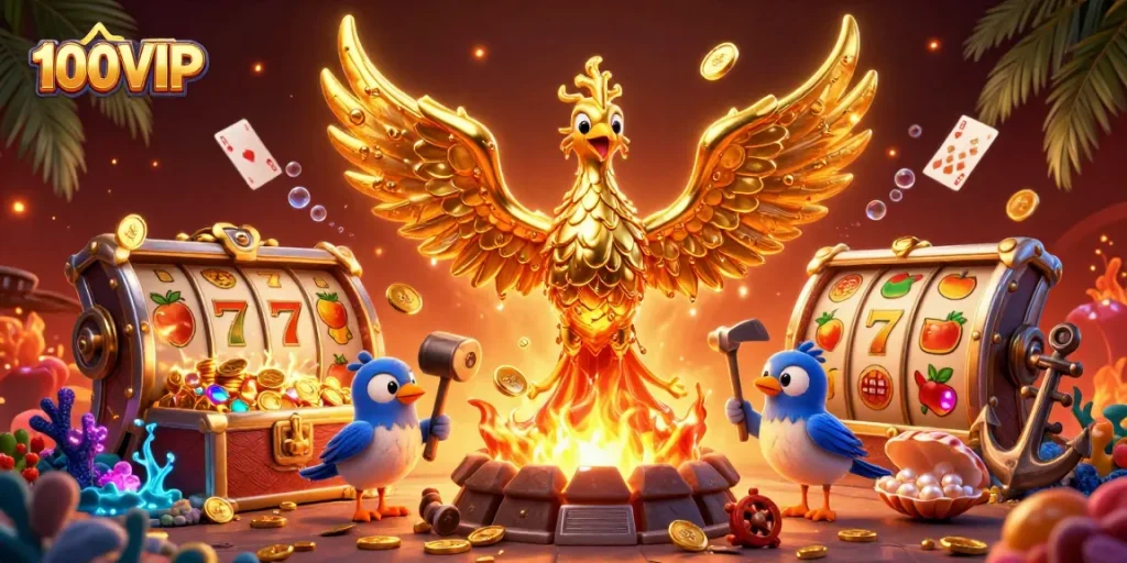 A golden phoenix symbolizing 100VIP rises amidst vibrant casino elements like slot reels and floating coins, showcasing a dynamic gaming atmosphere.