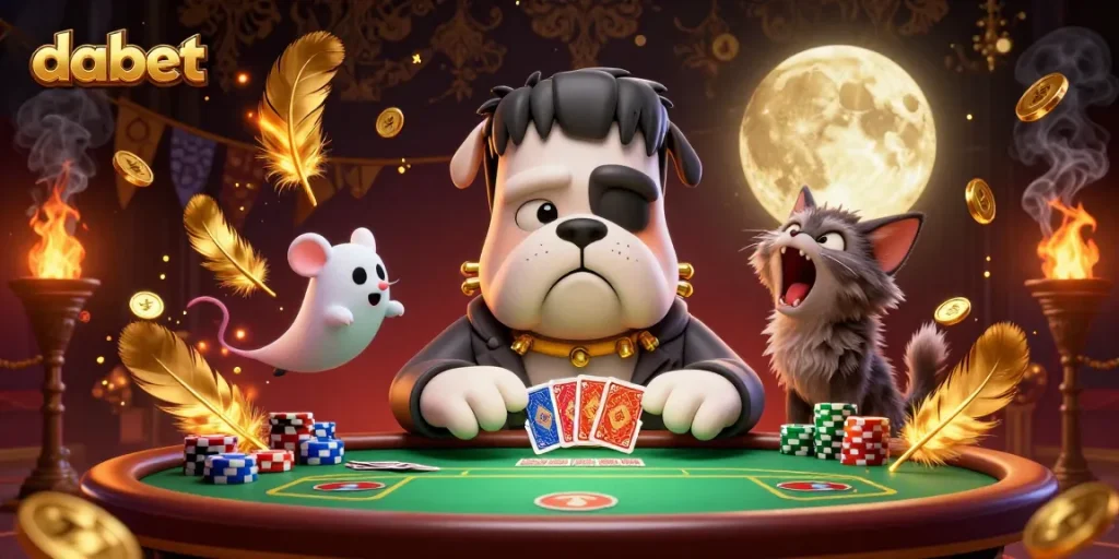 Play cards at dabet's haunted table with thrilling gambling action and spooky characters.