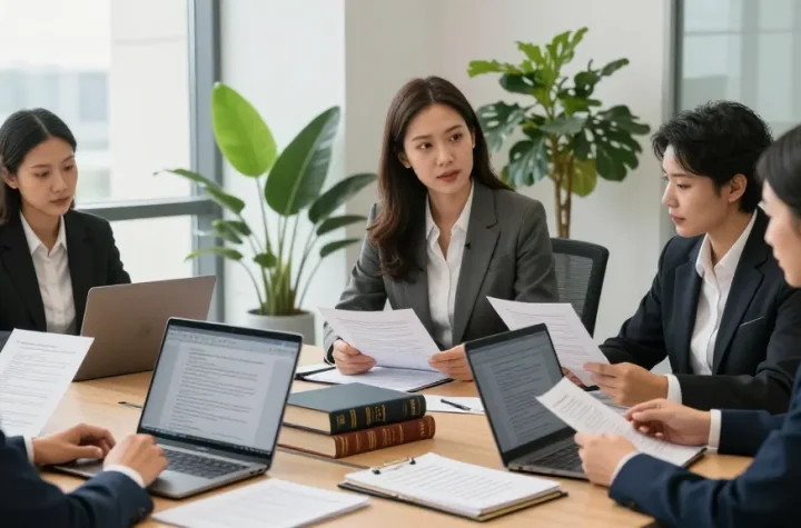 Legal professionals discussing their explanation of complex cases in a bright office.