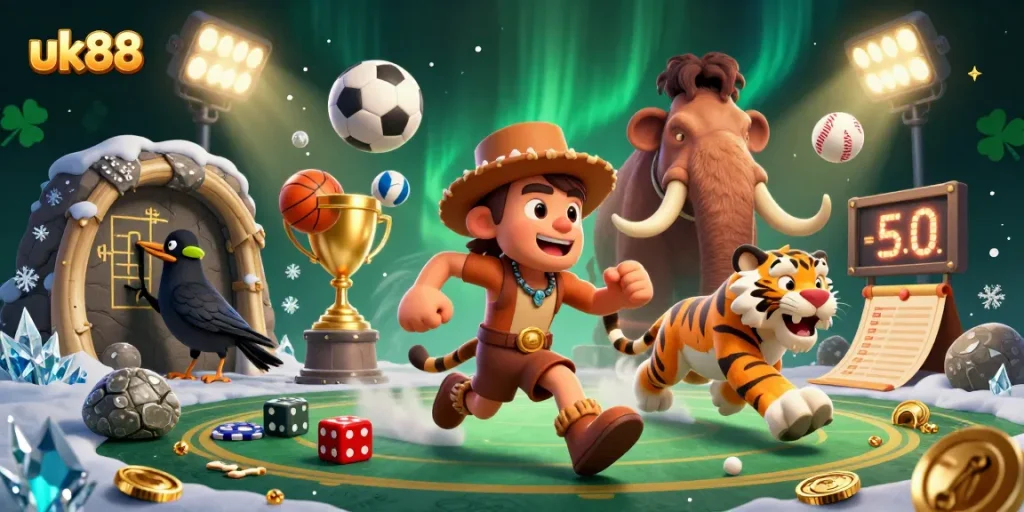 uk88 ignites excitement with a 3D caveman casino witnessing thrilling sports action.