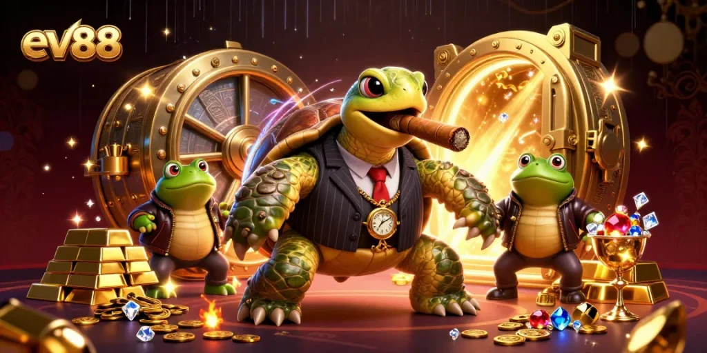 Win big at ev88 with vibrant game action featuring a cartoon snapping turtle and bullfrog enforcers.