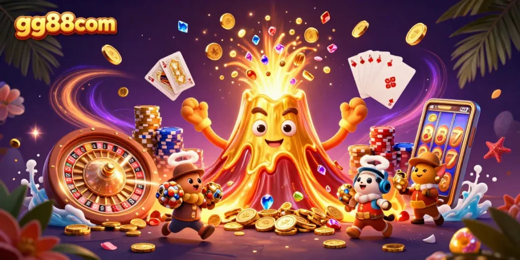 Discover riches at gg88com with vibrant visuals of an erupting golden volcano and dynamic casino elements.