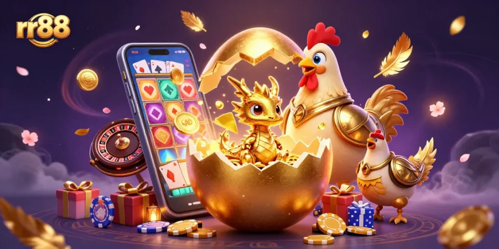 Experience thrilling wins at rr88 where a golden dragon guards gaming treasures among vibrant slot games.
